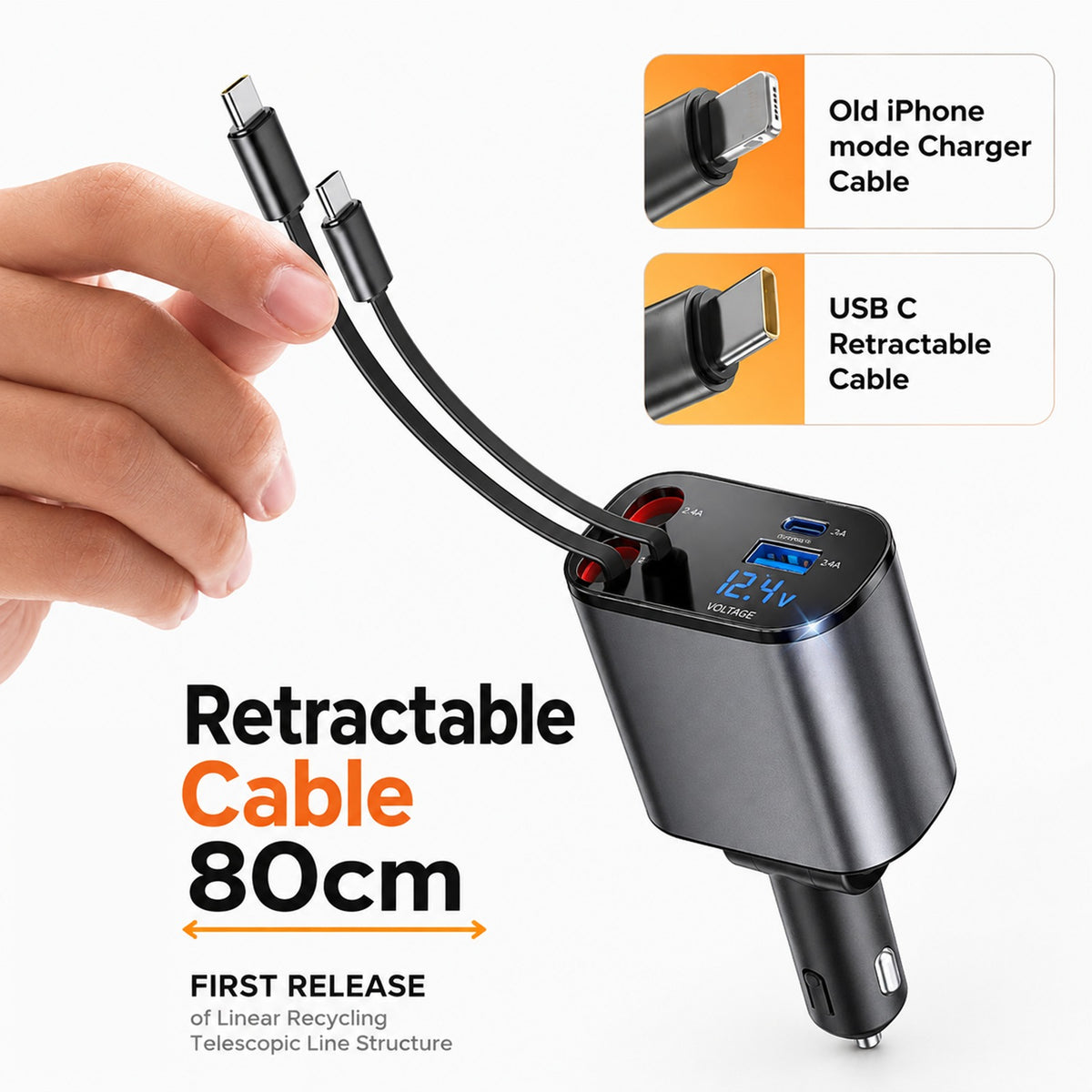 84W 4 in 1 Retractable Car Charger
