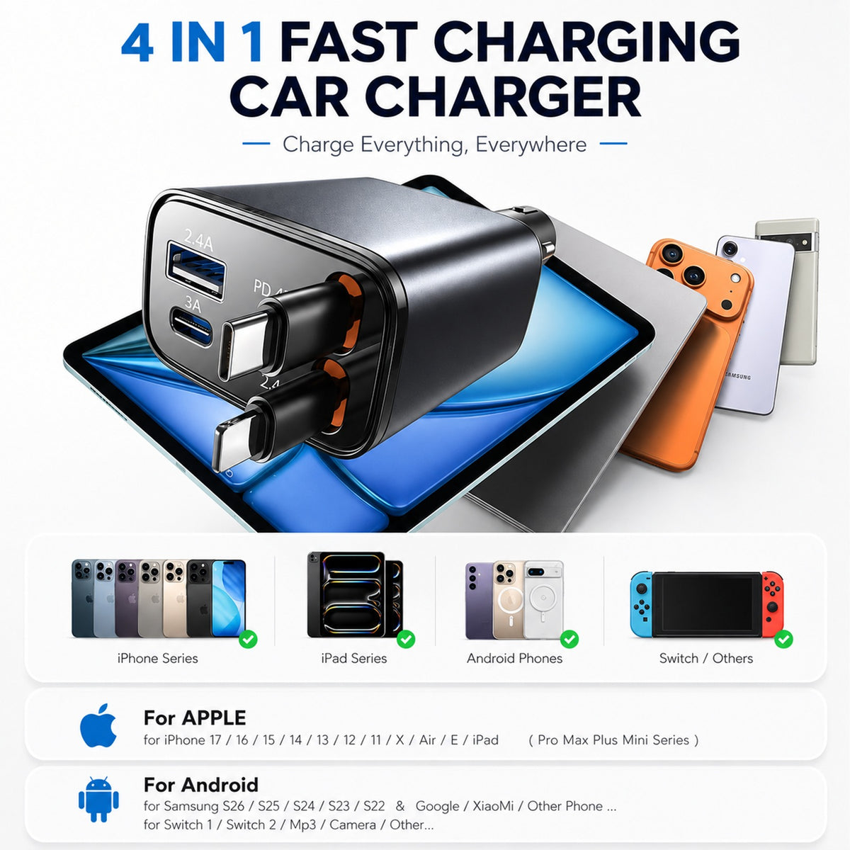 84W 4 in 1 Retractable Car Charger