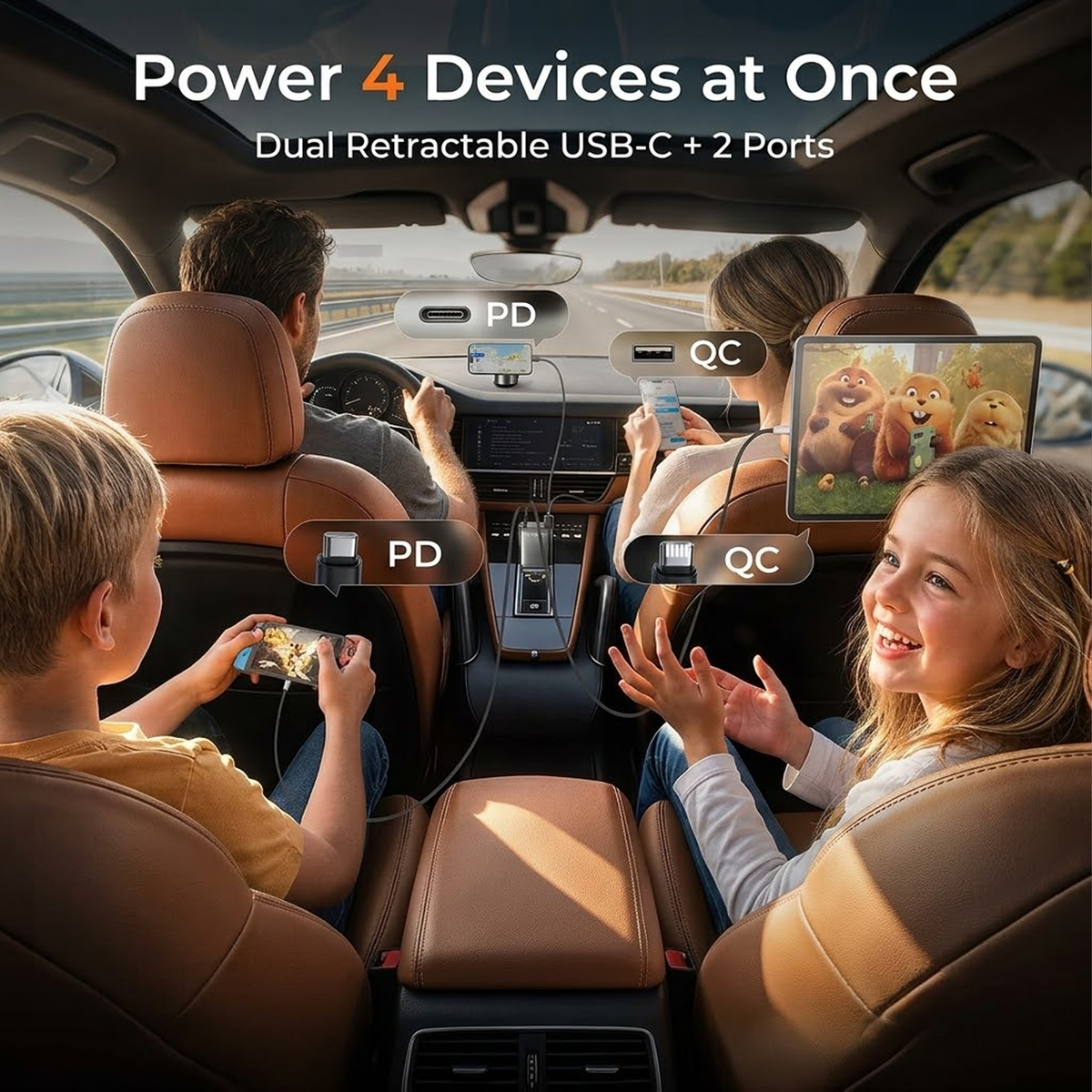 84W 5 in 1 Retractable Car Charger